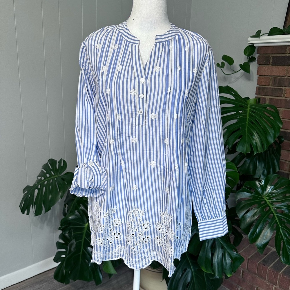#7) American Sweetheart white/blue striped with floral embroidered top